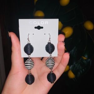 Black and white ball three tier earrings